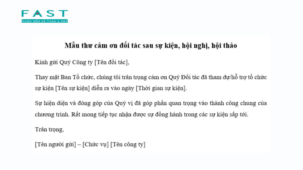 thư cảm ơn đối tác sau sự kiện