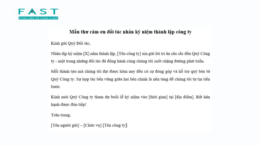 thư cảm ơn đối tác nhân kỷ niệm thành lập công ty