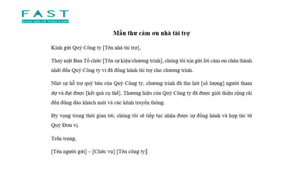 thư cảm ơn nhà tài trợ