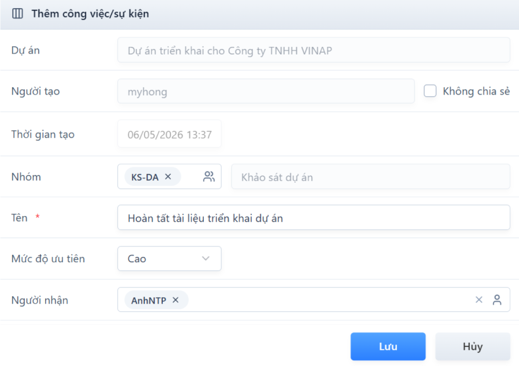Màn hình thêm công việc/sự kiện
