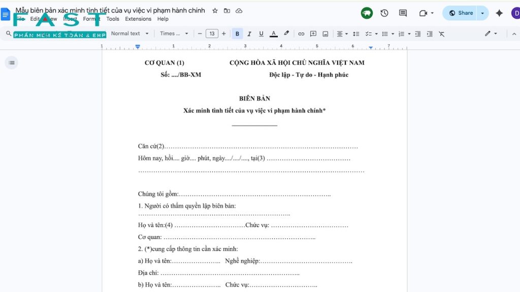 ví dụ về biên bản xác minh sự việc